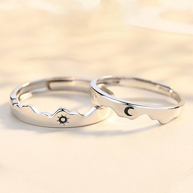 Bagues de Couple pour femmes et hommes, ensemble de 2 pièces, soleil et lune, anneaux de mariage, doigt d'amoureux, couleur argent, bijoux assortis, de saint-valentin: Sun Moon Open 3