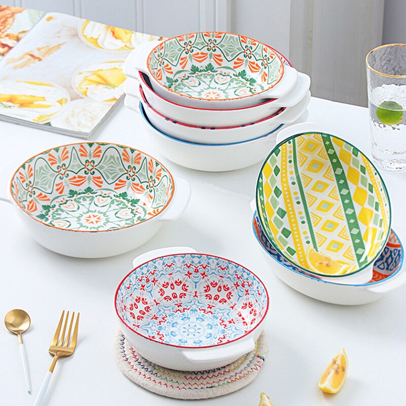 11 Inch Artistic Round Baking Bowl Binaural Cheese Risotto Plate Cutlery Baking Tray Plates for Food Christmas Plate