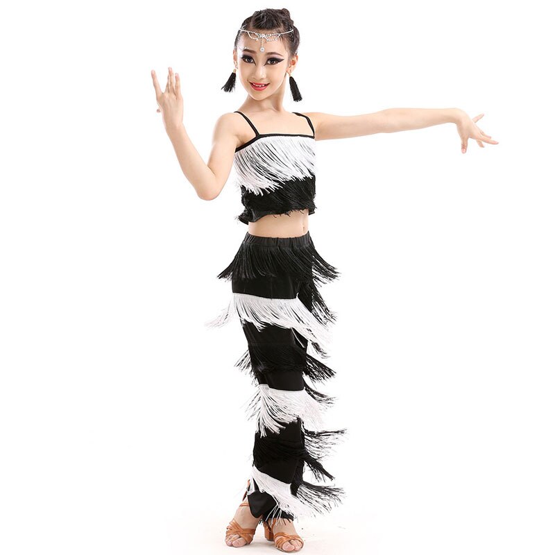 Children Bachata Latin Dance Costumes Girls Ballroom Tango Salsa Latin Dance Competition Costume Fringe Pants Tops: Black / 140cm