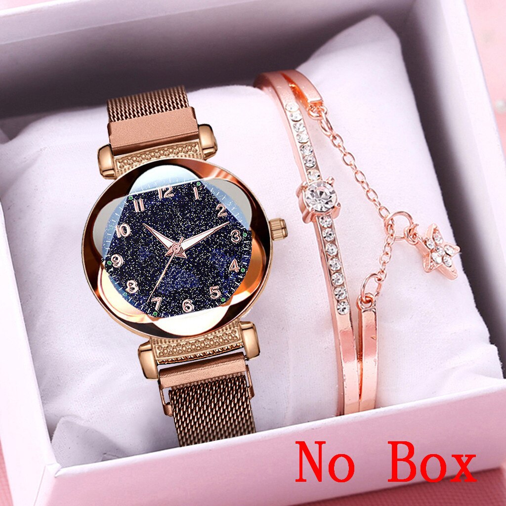 Women Bracelet Watch Set Magnet Buckle Starry Sky Luminous Arabic Numbers Watches Zegarek Damski Reloj Mujer: brown bracelet