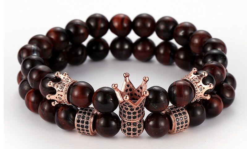 8mm 2 st/set dfg 32 elastisk justerad natur röd tigeröga pärla micro pave cz zirkon cubic zirconia makrame charm crown armband: 4