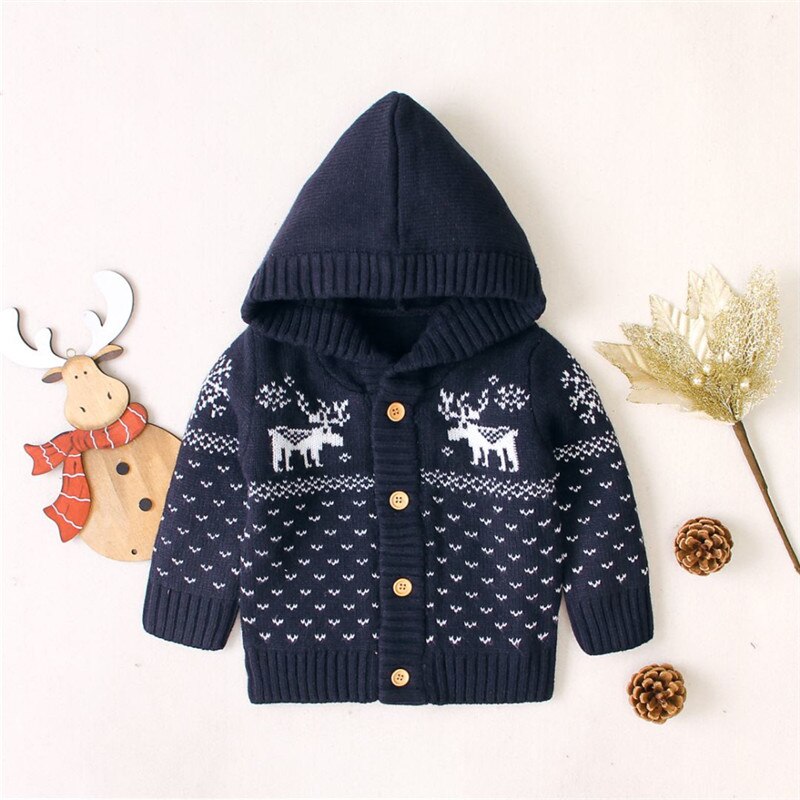 Vêtements de noël pour bébés garçons et filles | Pull à capuche tricoté, manteau hiver: Bleu marine / 3 To 6 Months