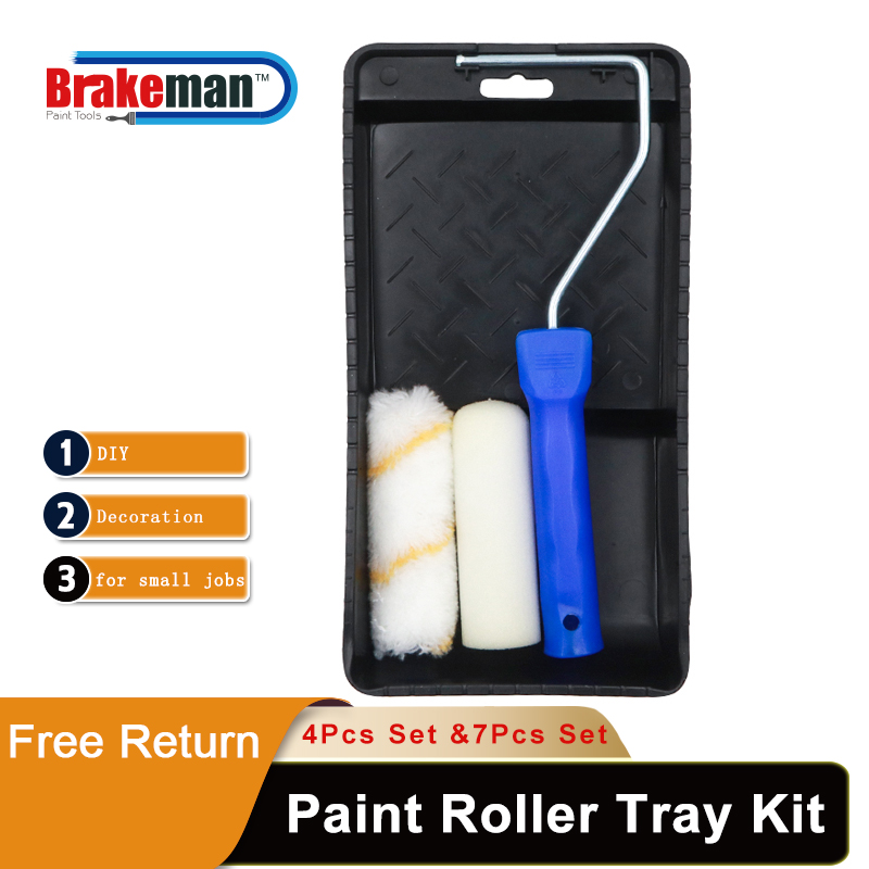 BRAKEMAN DIY Paint Roller Tray Kit 4 INCH 100mm Foam and Acrylic Mini Roller Cover Sets for Small Job Painting Decorative