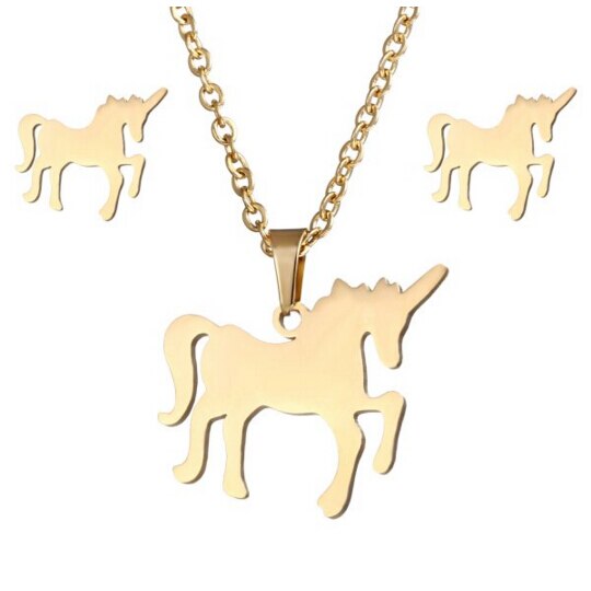 Rinhoo animal horse dragonfly Elephant Pendant necklace Earrings set Women Gold color Stainless Steel jewelry Set: unicorn