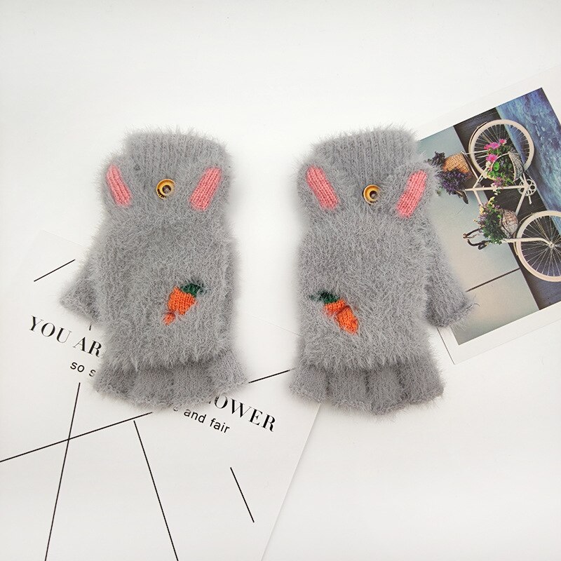 Girl Cute Clamshell Gloves Winter Warm Gloves Writing Half Piece Gloves: E