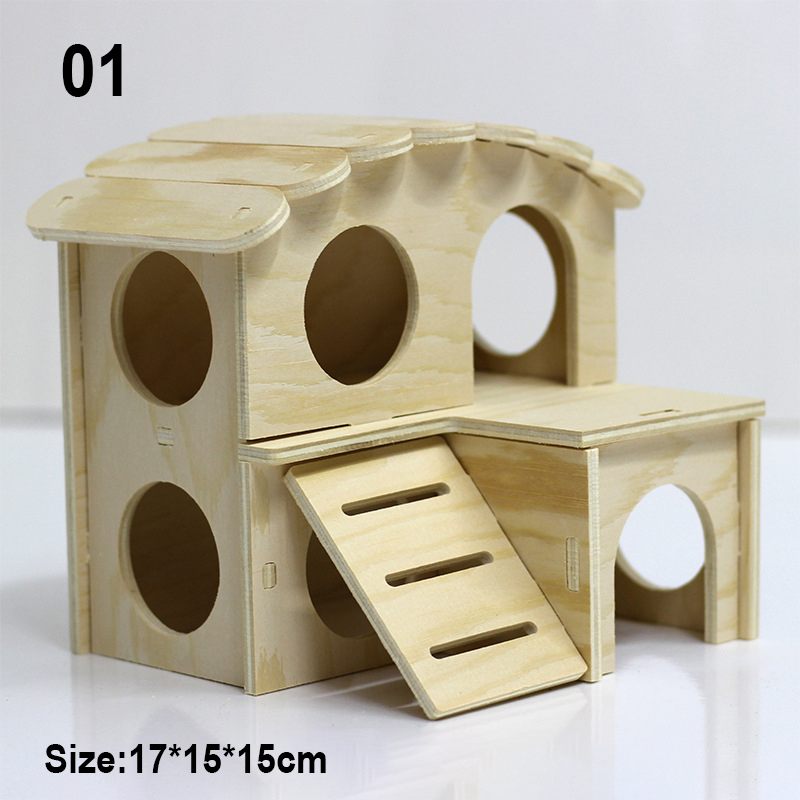 Muebles de juguete de madera para hámster, casa pequeña, columpio, rueda para correr, nido de madera, jaula, suministros: 01