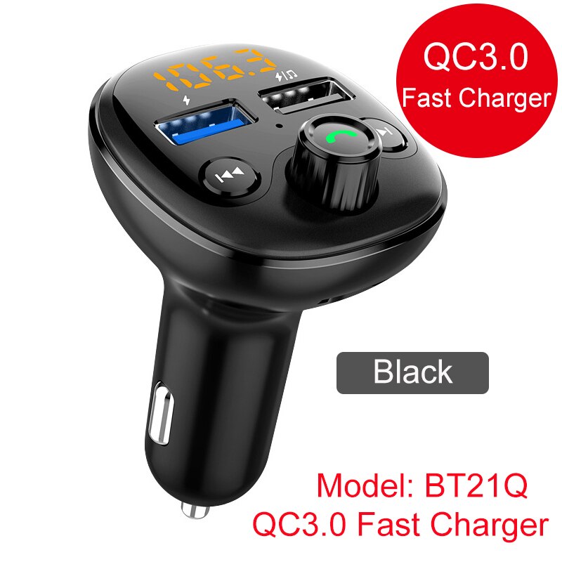 Modulador FM negro con Bluetooth 5,0, Chip QC3.0, Cargador rápido, USB Dual, TF, U Disk, reproductor de música, Kit de manos libres para coche: BT21Q-Black
