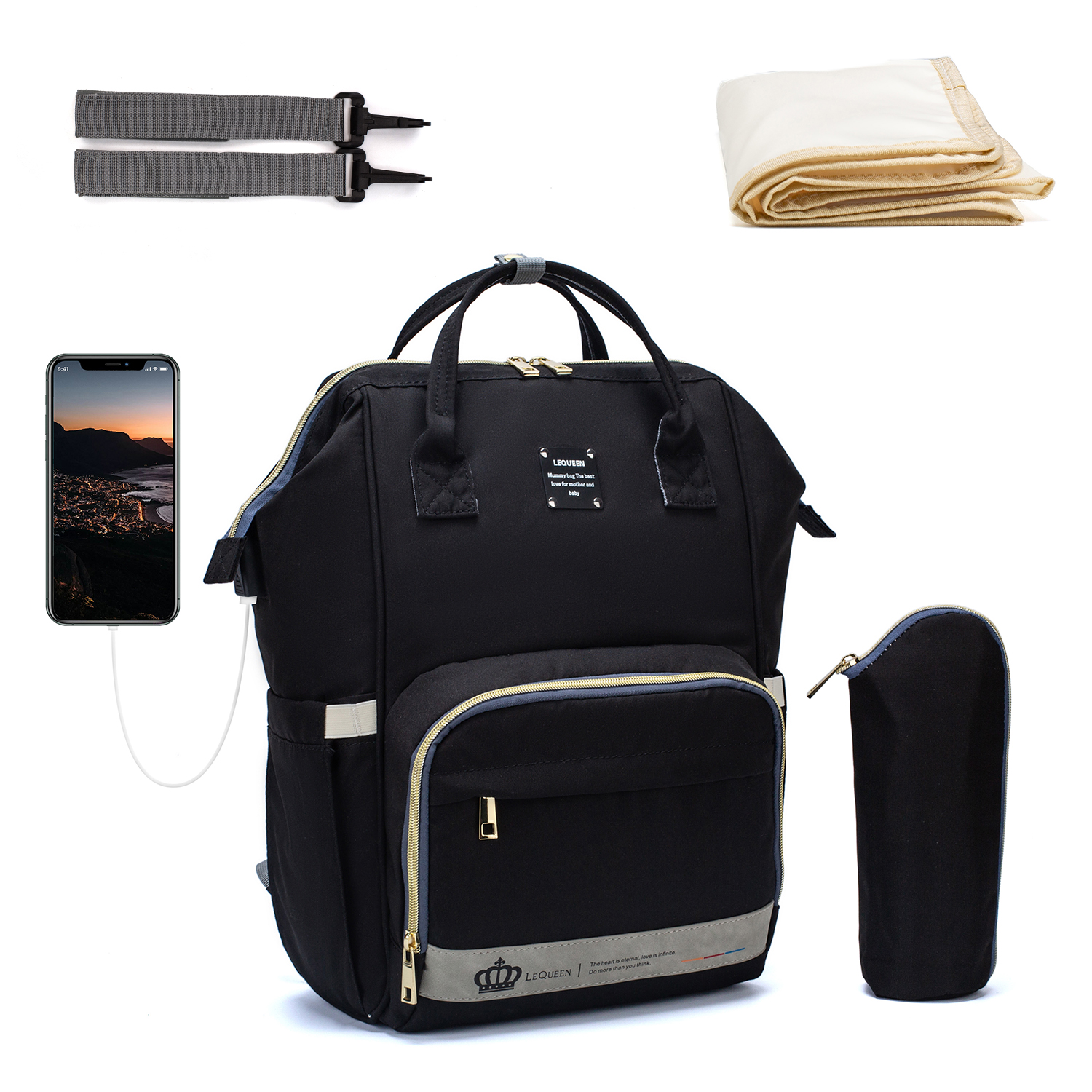 Lequeen Nappy Backpack Bag Mummy Large Capacity Bag Mom Baby Multi-function Waterproof Outdoor Travel Diaper Bags For Baby Care: USB Black