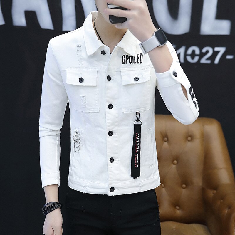 Veste d'automne pour homme, vêtement de rue bleu clair, en Denim, avec impression de l'alphabet, poches en Patchwork, en coton, manteaux décontractés: White / M