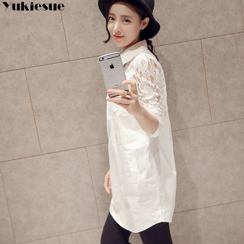 Camisas holgadas informales para mujer, blusa de talla grande a la , Blusa de manga larga con botones de encaje, Tops blancos para mujer, ropa de calle