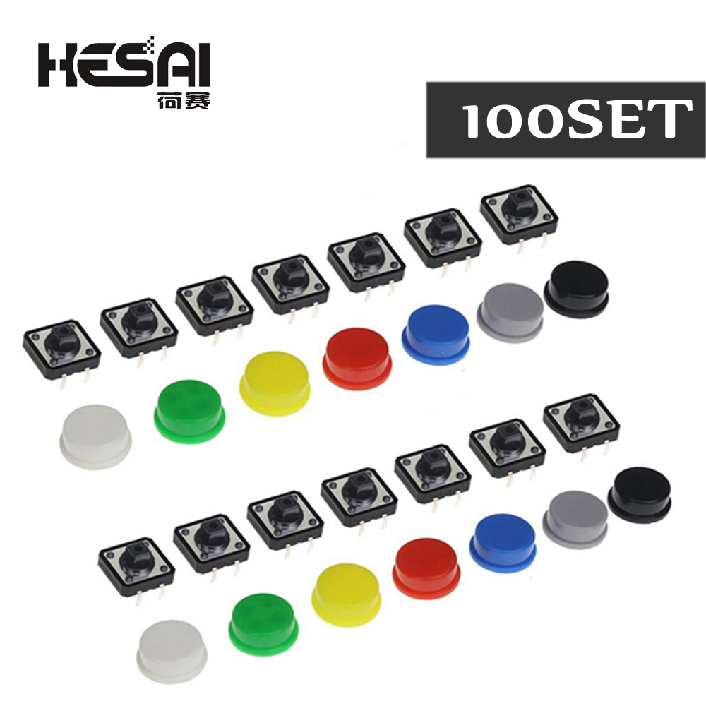100Set 5 Kleur Keycap Tactiele Drukknop Schakelaar Momentary 12*12*7.3Mm Microschakelaar Knop Diverse Set Voor Arduino Framboos Pi3