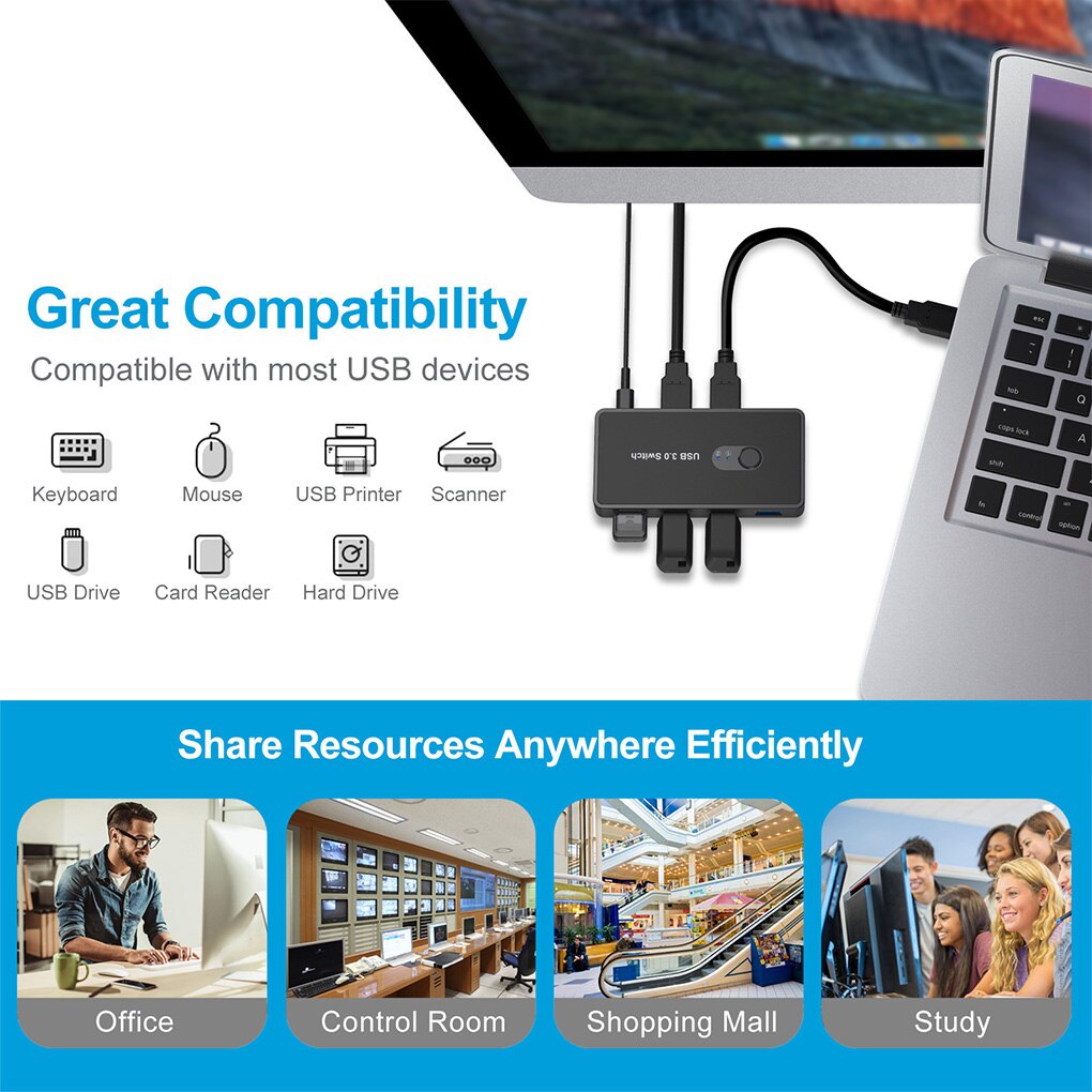 USB 3.0 Switcher Fast Data Transmission Speed Switch Hub 2-in-4-out Selector Adapter for Keyboard Mouse