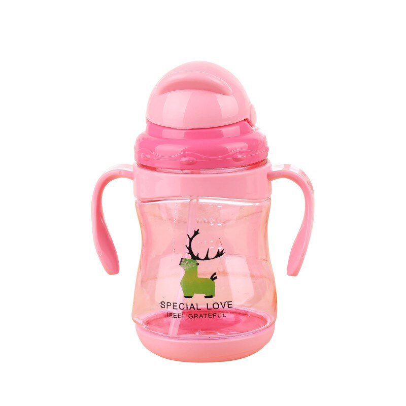 Taza de bebé de 300ml, vasos pijos de ciervos de dibujos animados para bebés, botellas de entrenamiento para niños pequeños, botellas para niños para aprender a beber con doble: P