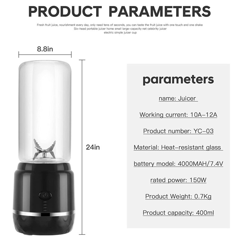Mini Blender 4000Mah, 400Ml Persoonlijke Smoothie Maker Met Usb Oplaadbare, Voor Sap, Smoothie Milkshake