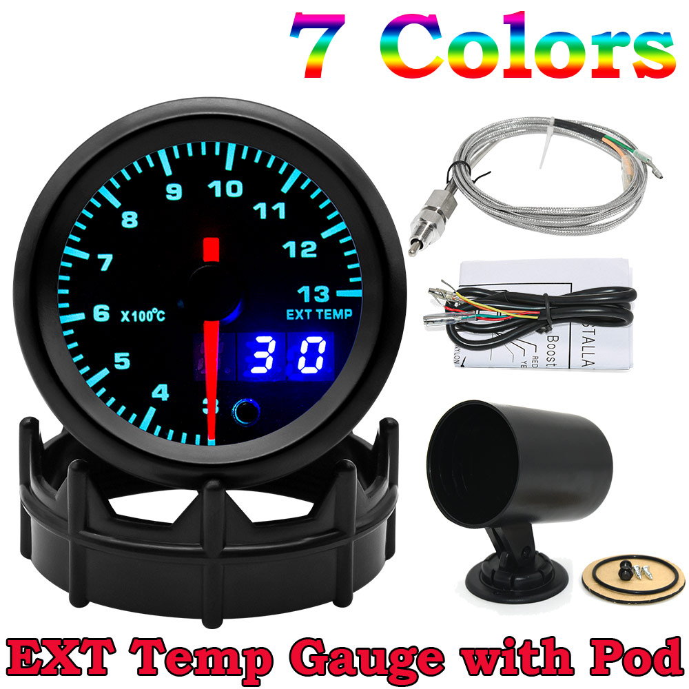 AD 7 Farbe Led Abgas Temperaturanzeige 2'' 52mm Digitale Abgas Temperaturanzeige EGT EXT Gauge Auto Meter mit Sensor: Himmel Blau