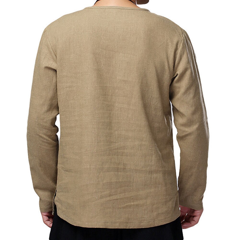 Mænd afslappet ensfarvede lange ærmer o-hals knapper bomuld løs pullover skjorte perfekt jul velegnet til daglig brug