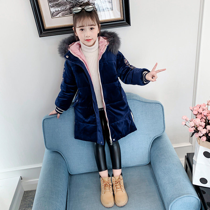 High Grade Girls Embroidery Long Jacket Coat Fur Hoodies Kids Princess Royal Sapphire Flower Embroidery Coat for Winter