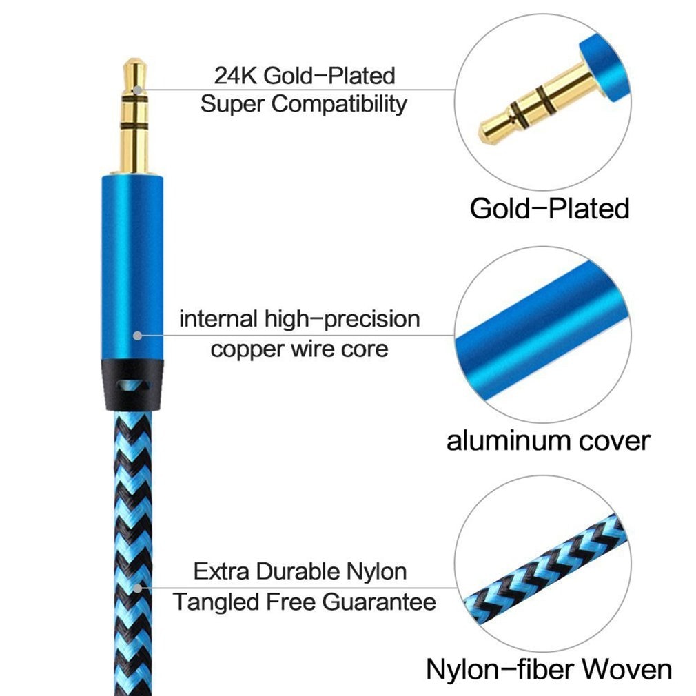 2 Pack 1m Audio car audio cable 3.5MM car AUX audio cable 1meters male to male record line nylon audio cable