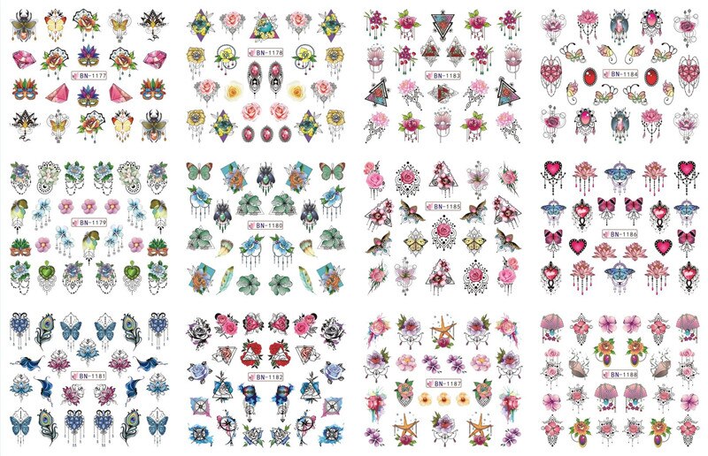 1 ark  (12 stk) klistremerke til spikeroverføringe påfugl og blomst og geometrisk... vannoverføringsklistremerke klistremerke gjør-det-selv-negletips pakke inn-klistremerke: Bn1177-1188