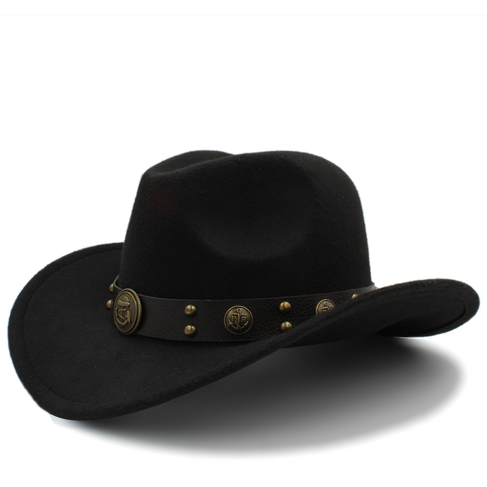 Kvinders uld western cowboy hat roll-up brim lady fascinator jazz hestesport sombrero hombre fedora cap størrelse 56-58cm: Sort