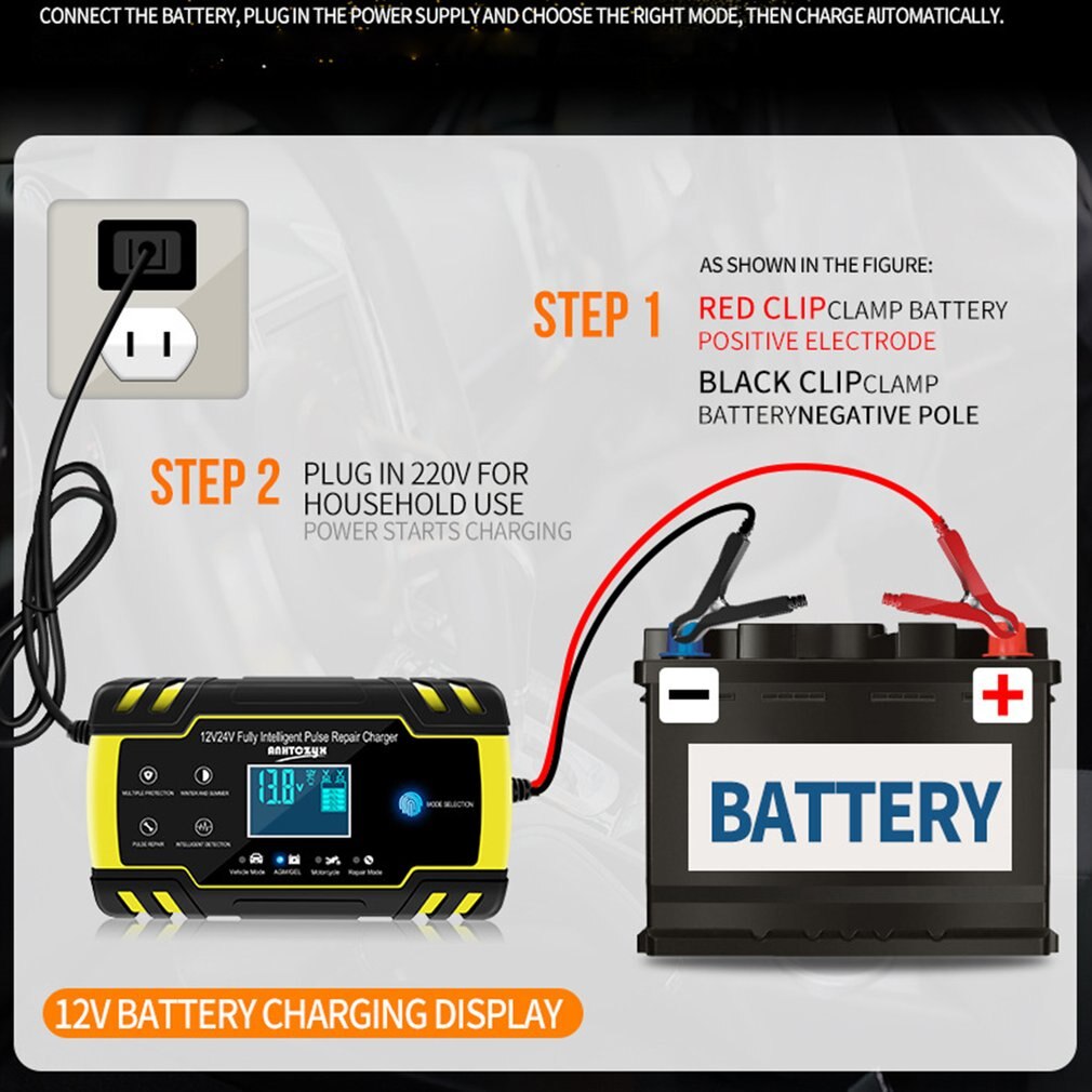 12V 8A / 24V 4A 6-150Ah LCD Car ATV Motorcycle Pulse Repair Battery Charger Automatic Battery Charging Device