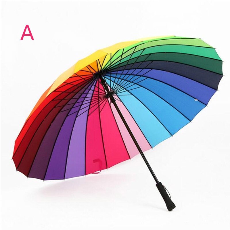 Large windproof long handle umbrellas for female men's rain gear 24 Ribs rainbow umbrella: A