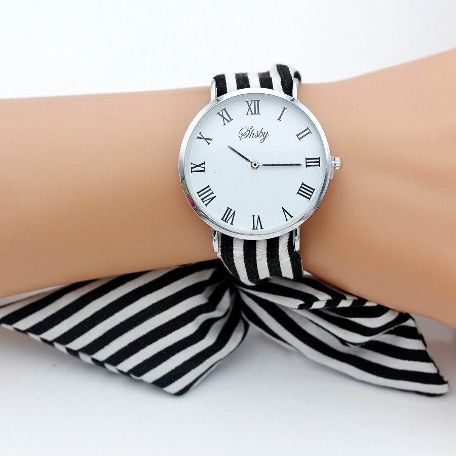 shsby brand Ladies Concise stripe cloth wristwatch women dress watches fabric watch sweet girls Bracelet watch