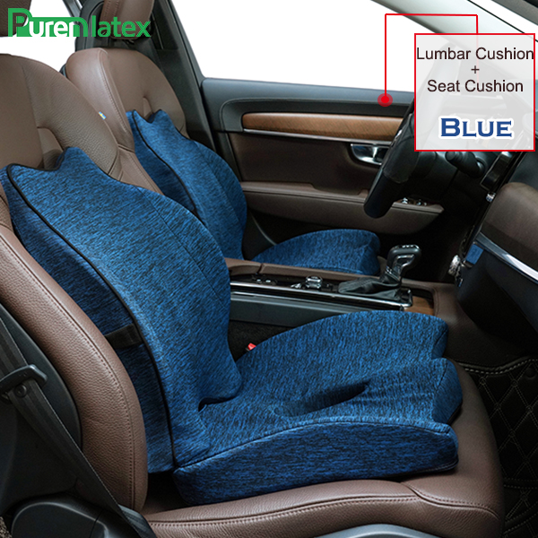 Purenlatex Auto Seat Cushion Memory Foam Orthopedic Pillow for Office Car Pad and Coccyx Cushion for Sciatica & Back Pain Relief: Blue 2 Piece Set