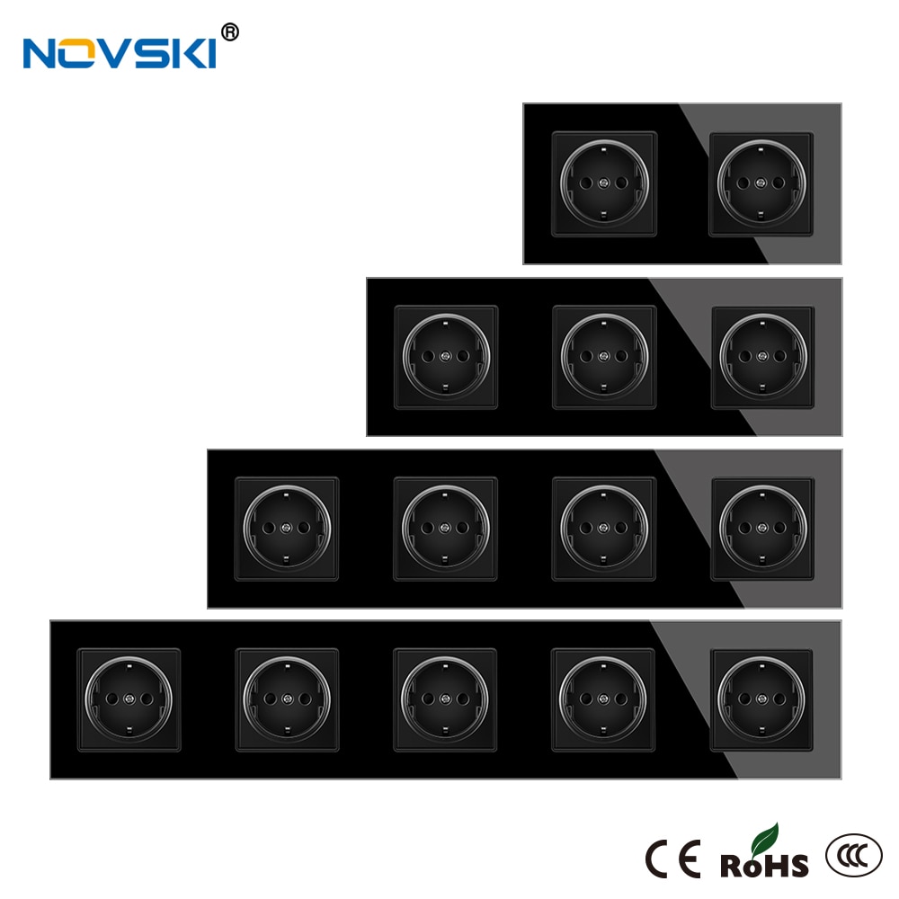 EU Wall Crystal Glass Black Panel Power Socket Triple German Plug Grounded, 16A Quadruple Electrical Socket, 15 Years Warranty