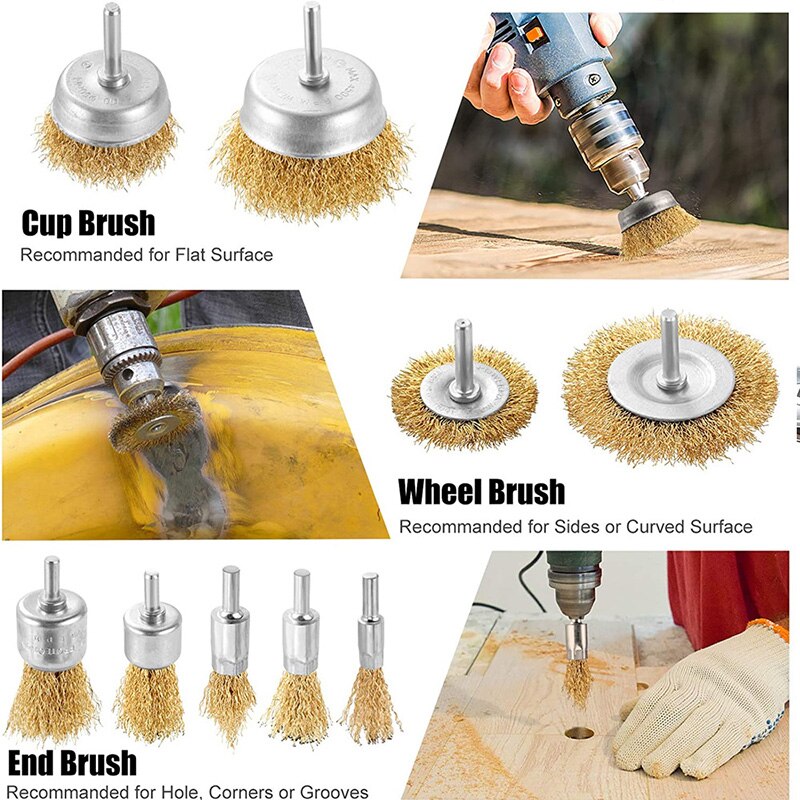 1/4-Inch Angle Grinder Wire Drill Brush Set Cleaning Brass Coated Metal Brush Wheel Set for Grinder/Removal Rust/Corrosion