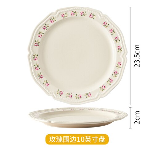 Floriferous Dessert Plate Embossed Edge Dinner Plates Dishes Household Ceramic Plate And Bowls Simple White Tableware: Small rose 10 inch