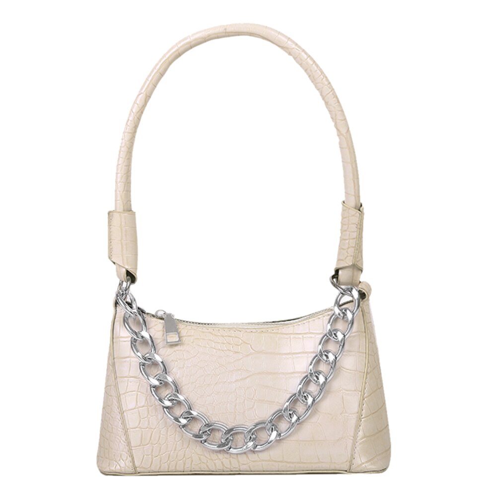 Dikke ketting kleine pu leren schoudertassen voor dames, handtassen met krokodillenmotief voor reizen: Wit