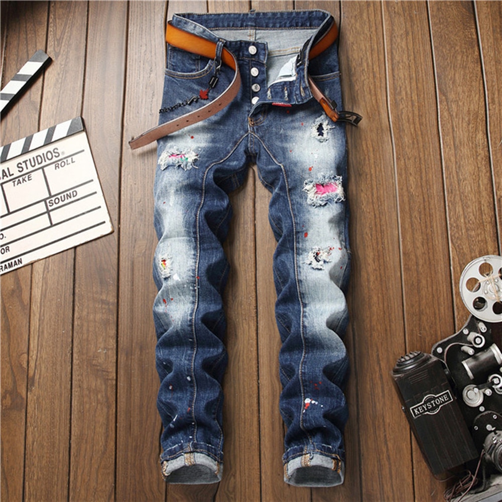 2021New Men's Slim-Fit Ripped Pants Painted Jeans Patch Beggar Jumbo