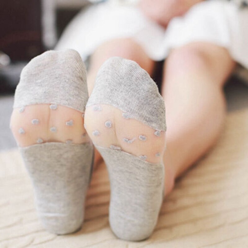 Women Lace Socks Crystal Glass Silk Knit Girl Dot Print Transparent Summer Invisible Sock Slippers