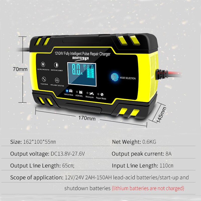 Chargeur de batterie automatique pour voiture, 12V — 24V 8 A, starter rapide pour véhicule, pour batteries au plomb, avec affichage numérique LCD