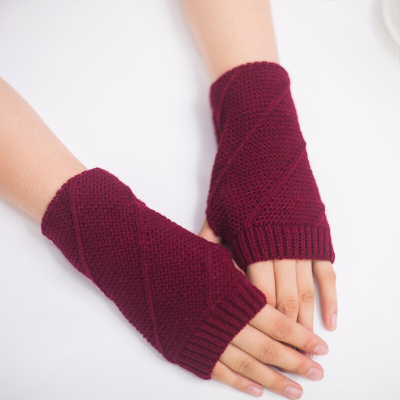 Femme mignon couleur unie gants doux au Crochet à tricoter épais hiver gants sans doigts demi doigt facile à taper gants extensibles: Bourgogne
