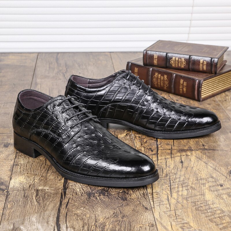 Classic Crocodile Pattern Business Flat Shoes Men Formal Dress Leather ...