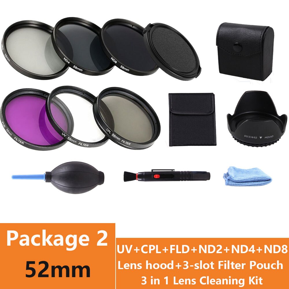 Ensemble de lentilles de filtre de densité neutre, 49 52 55 58 62 67 72 77 MM UV CPL FLD ND 2 4 8 + capuchon d'objectif + kit de nettoyage pour Canon Nikon: 52MM