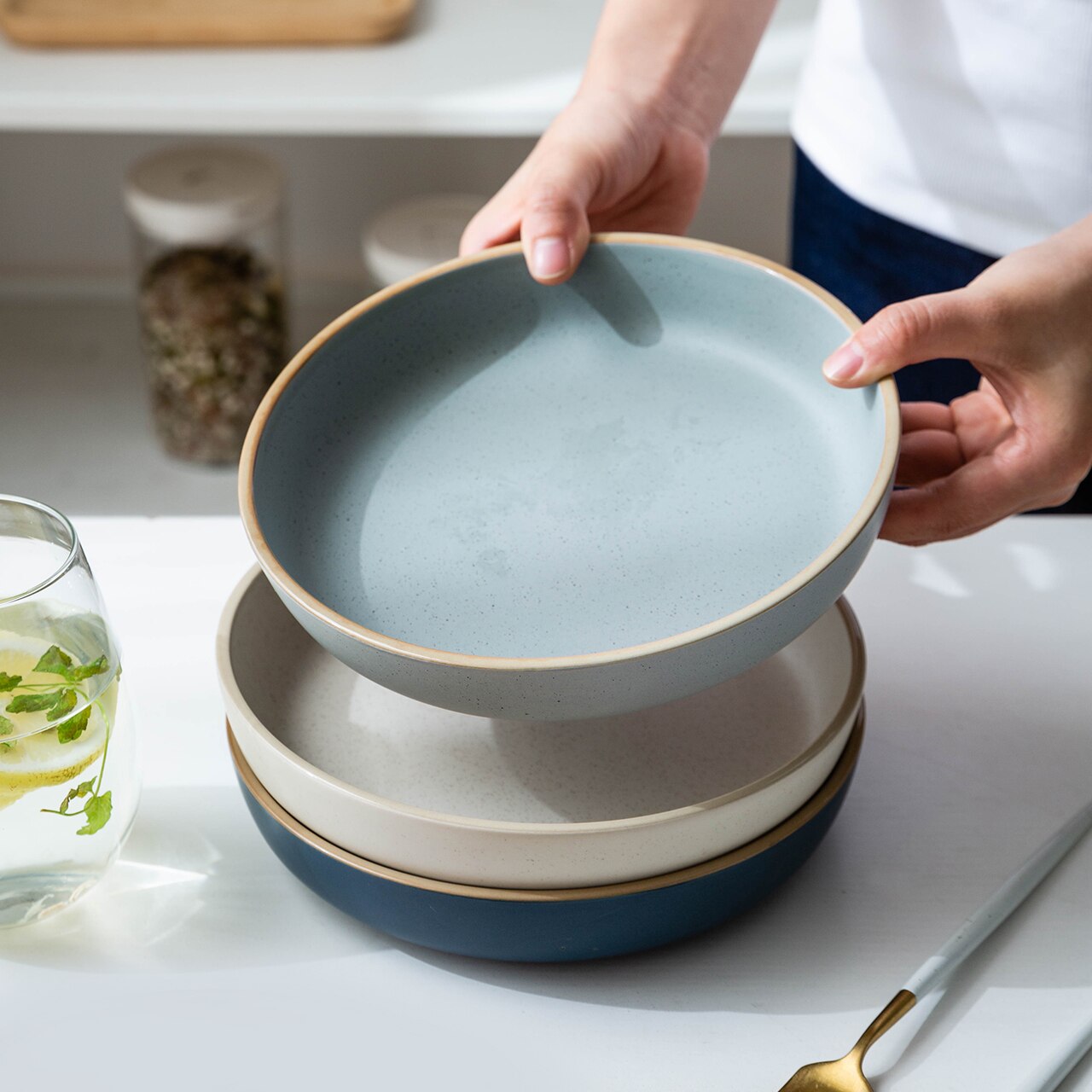 8in Ceramic Pasta Bowl Set of 4 Deep Side Serving Bowls for Salad Friut Soup Microwave &amp; Dishwasher Safe