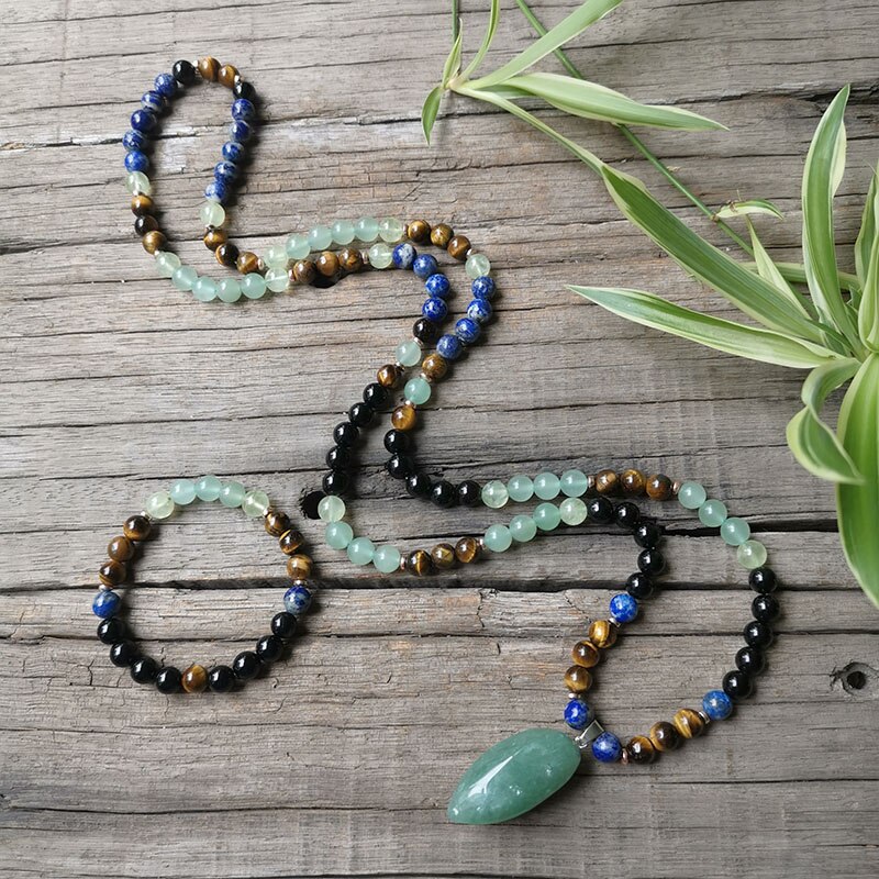 8 millimetri Perline di Pietra, Lapis, Occhio di Tigre, Verde Speranza di Preghiera, JapaMala impostato, Gioielli Spirituale, la meditazione, ispiratore,108 perline Mala: Oro scuro