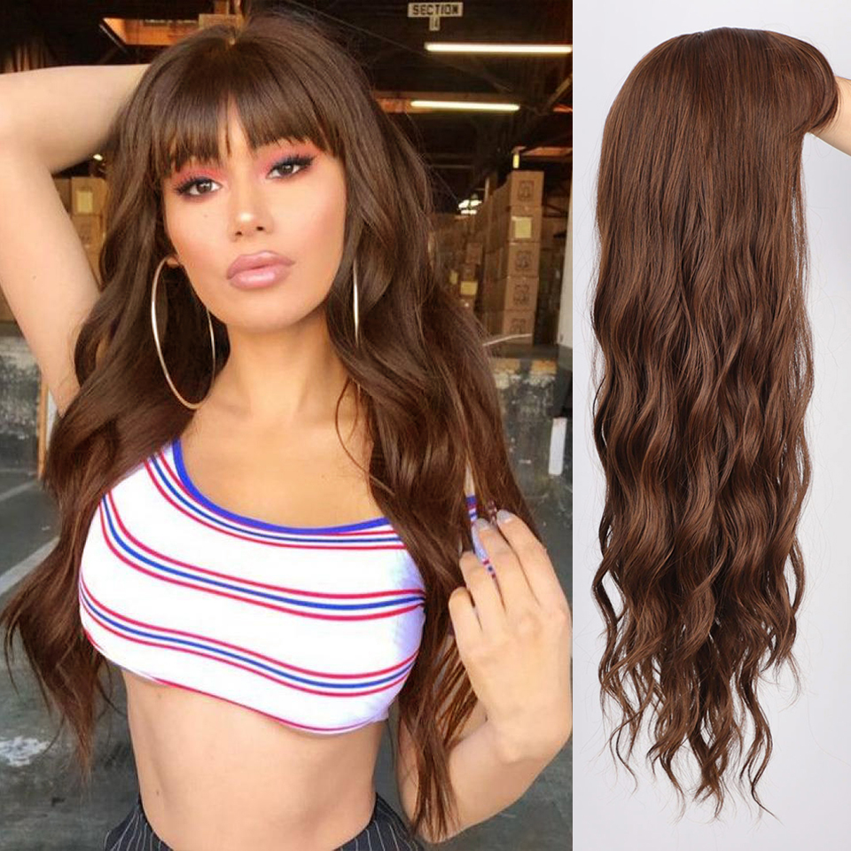 AISI Beauty Long Water Wave Synthetic Wigs with Bangs Mix Brown Wig for Women Pink Red Black Heat Resistant Hair: 4-30