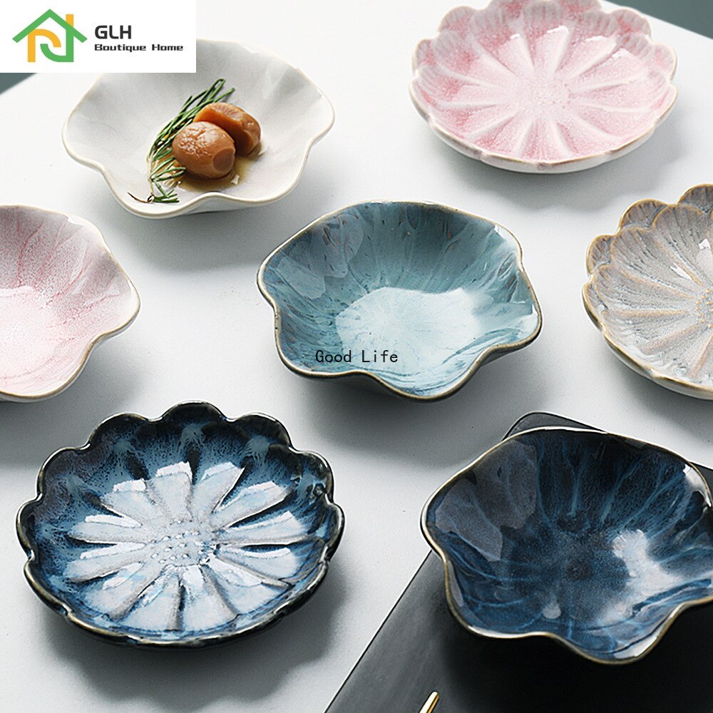 1pc små keramiske tallerkener porcelænsovn glaseret blomst form sauce fad japansk stil pickled dip serveringsfade