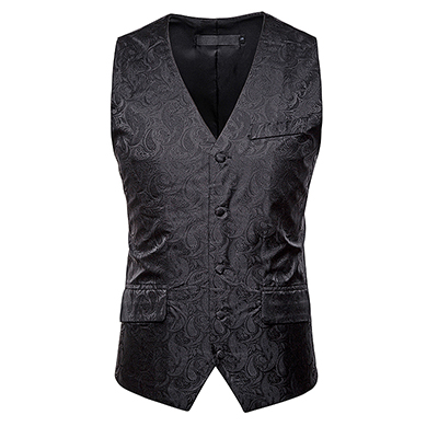 autumn men casual slim fit suit vest Flower leaf embroidery pattern vest Double pocket Single-breasted suit vest Tops: Black / plus size  M