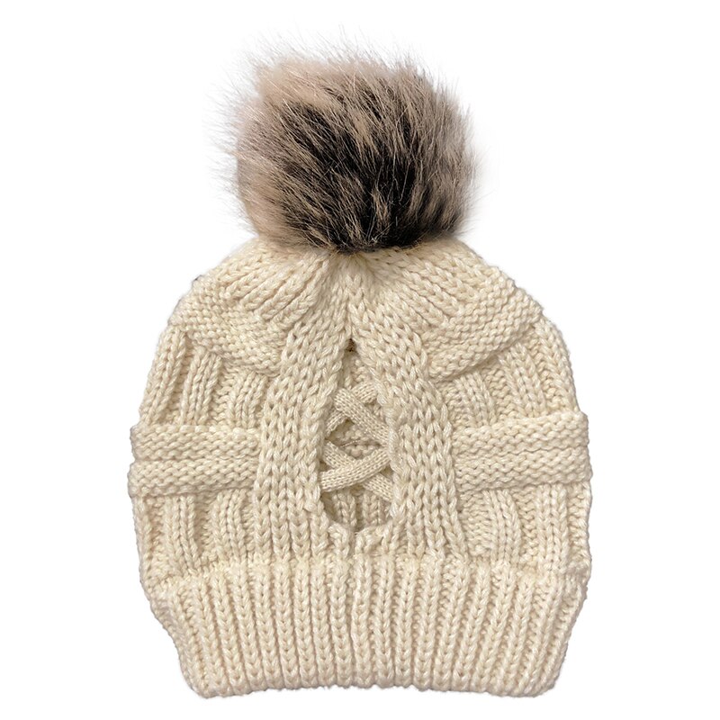 Dames wollen muts, muts met ronde kop, accessoires, gebreide muts, hoofddeksel, kruismuts, hoofddoek, haarbal, elastisch, winterwarm: Beige