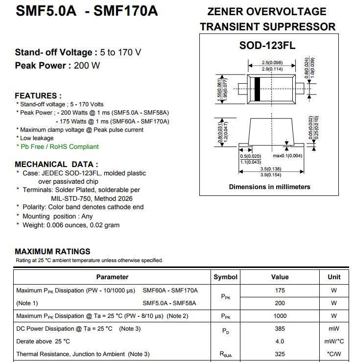 SMF11A SMF11CA SMF12A SMF12CA SMF13A SMF13CA 200W 11V 12V 13V SOD-123FL SMF ESD Protection TVS diode