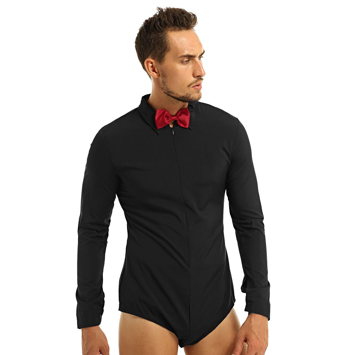 Heren latin dans shirts ballroom lange mouwen rits effen kleur latin moderne dans shirt met vlinderdas eendelig romper shirt: Zwart / M