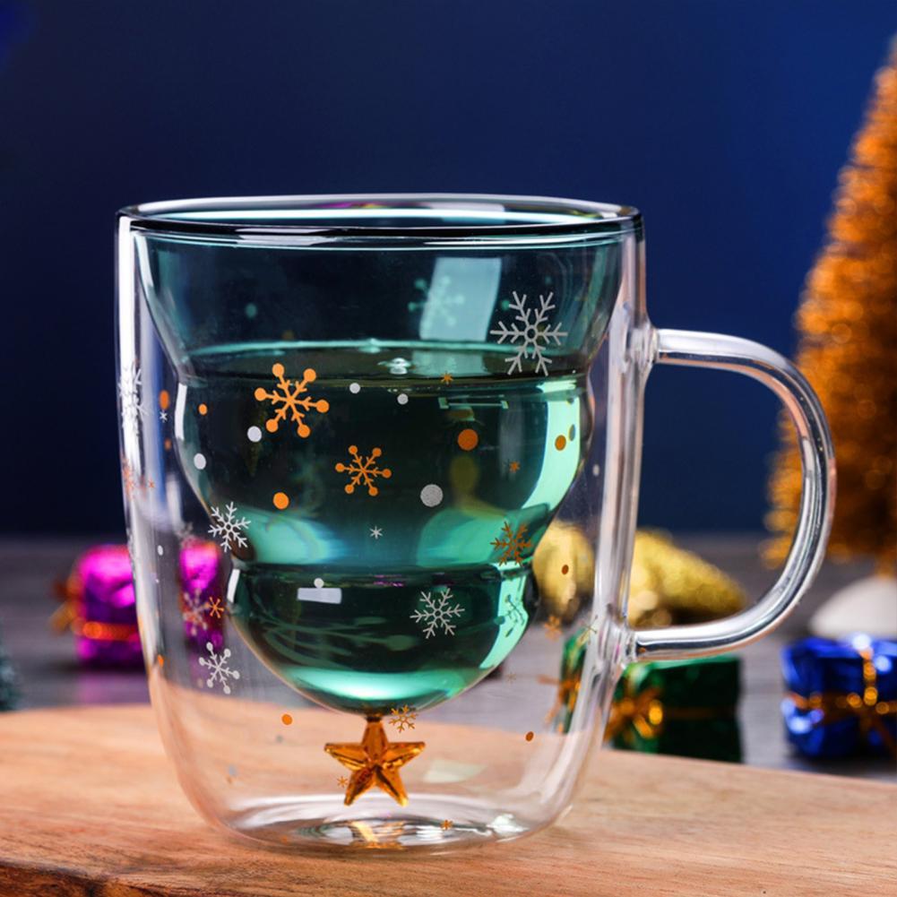 Taza de vidrio de doble capa con mango para té, vaso de vidrio de borosilicato de alta resistencia al calor con forma de árbol de Navidad, herramientas de cocina, 250ML