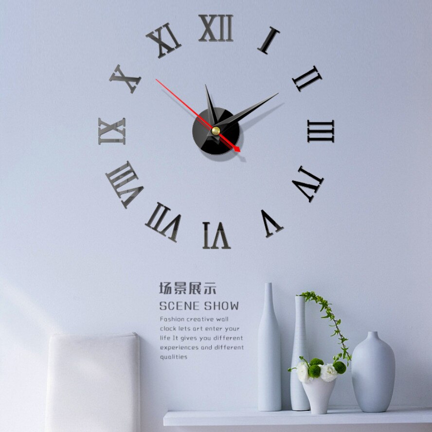 Wandklokken Horloge 3d Romeinse cijfers Diy Acryl Spiegel Klok Horloge Stickers Home Decoratie Woonkamer: black