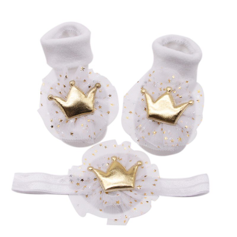 Newborn Soft Socks Baby Crown Highlight Flower Stretch HairBand+Non-slip Cotton Socks Two-piece Children Headband: Beige