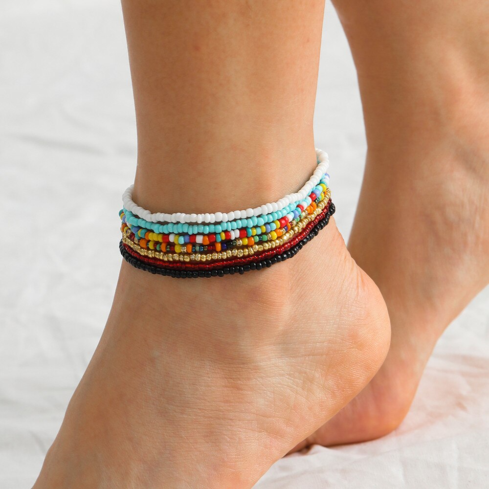 7 stk / sæt boheme flerfarvet beaded chain anklet armbånd sæt til kvindelig charme strand sandler fod smykker
